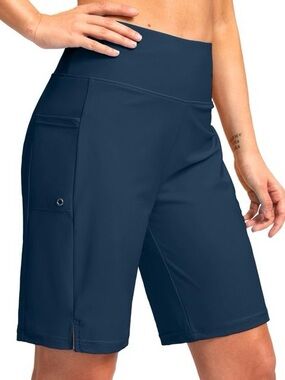 High-Rise Navy Performance Bermuda Shorts with Side Pocket